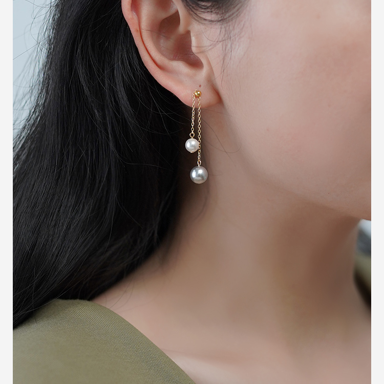 小众设计感灰白珍珠可调节耳钉925纯银简约通勤气质流苏耳环40629