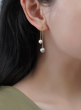 小众设计感灰白珍珠可调节耳钉925纯银简约通勤气质流苏耳环40629