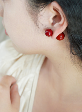 安可拉红双珍珠耳钉925纯银前后款时尚简约气质耳环圣诞耳饰51172