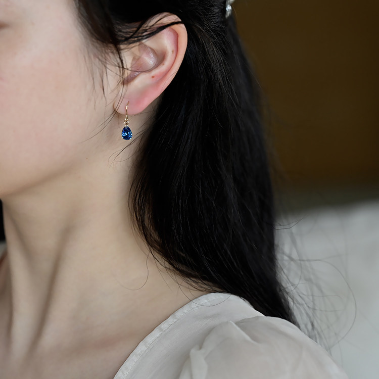 小众轻奢高级感宝蓝水滴锆石耳环法式复古气质14k包金耳钩女20435