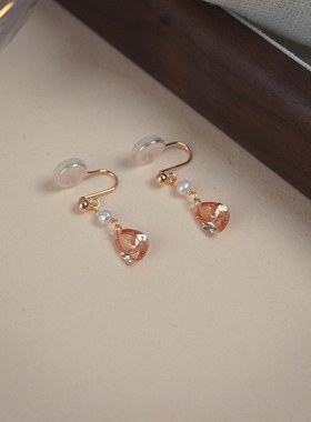 yeajewel小众轻奢香槟金水滴锆石珍珠耳夹无耳洞耳环简约女40240