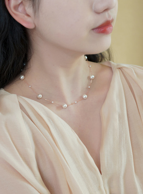 小众轻奢高级感大小珍珠玫瑰金项链925纯银满天星锁骨链女509131