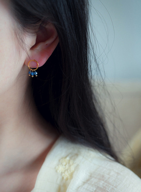 yeajewel原创手作三颗蓝晶石圆圈耳钉925银耳环法式小众耳饰30422