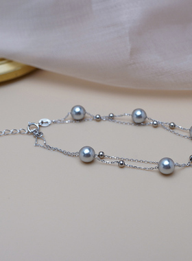 小众轻奢高级感灰珍珠银珠双层手链925纯银气质简约通勤手串50728