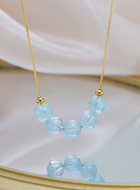 小众设计清冷感五颗海蓝宝项链925纯银清新气质锁骨链轻奢女50526