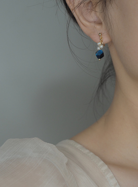 小众蓝色虎眼石珍珠耳夹新中式高级感无耳洞耳骨夹复古耳环10786