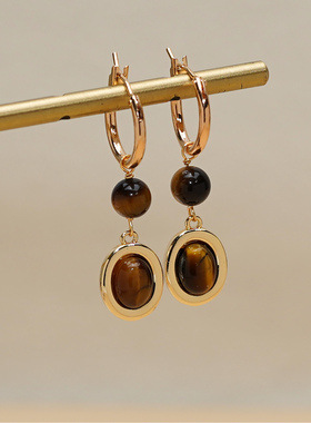 小众复古美拉德色系虎眼石吊坠耳扣轻奢气质高级感耳环礼物60148