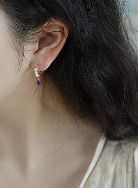 法式复古青金石水滴绕珍珠耳环14k包金高级感小众耳钩气质女50237