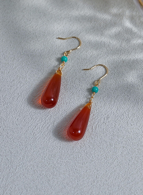 复古国风水滴红玛瑙蓝松石耳环14k包金高级感耳钩新中式耳饰41020