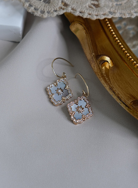 手作菱形贝壳吊坠耳环14k包金耳钩复古宫廷风气质小众耳饰女10877