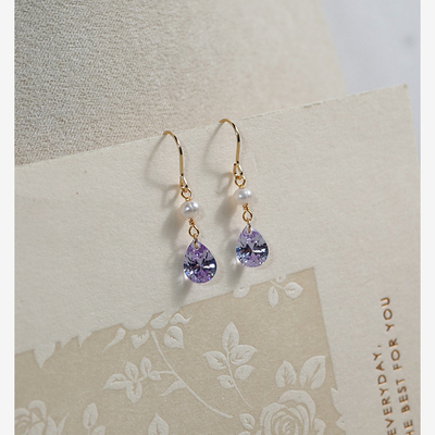 小众设计感紫锆石珍珠耳环14k包金耳钩甜美少女气质耳饰礼物40915