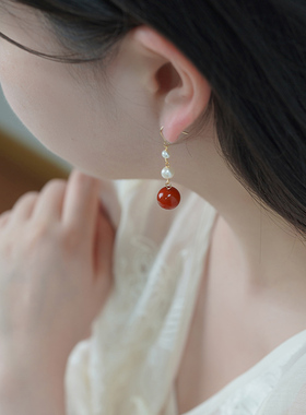 新中式古风红玛瑙珍珠长耳环14k包金甜美复古耳钩小众饰品女41092