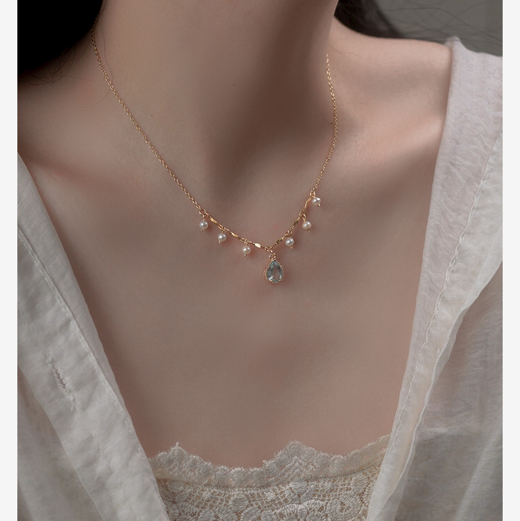 蓝水滴锆石珍珠项链宫廷风优雅女