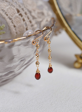 法式温柔石榴石水滴耳夹长款流苏气质高级感耳骨夹复古耳环50271