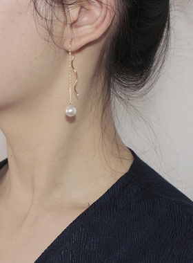 925纯银s形波浪珍珠耳线女气质流苏耳环显脸瘦简约小众耳饰80719