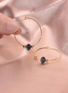 925纯银18k金圆圈耳圈女蓝色水晶金珠耳坠耳环气质复古耳饰复古潮
