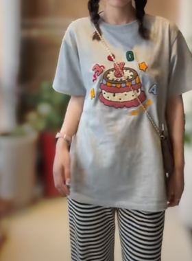 ADERa新款搞怪复古毛巾绣蛋糕T恤男女情侣宽松短袖休闲潮牌半袖女