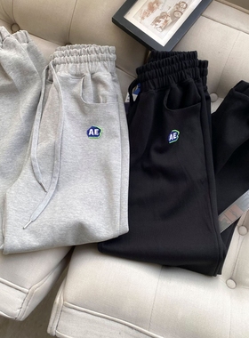 ADER潮牌黑色AE小标立体刺绣加绒简约男卫裤女情侣款灰色束脚裤子