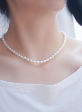 黛蓝 赵露思同款无暇极光米型天然淡水珍珠项链s925纯银扣