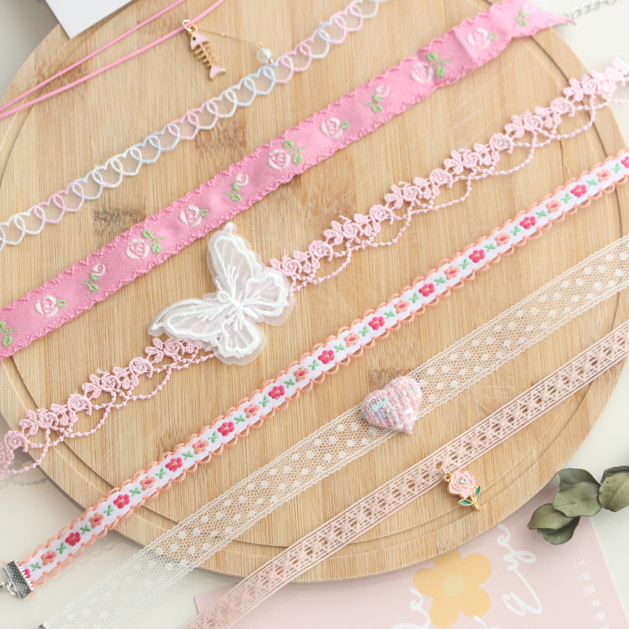 粉色超仙蕾丝蝴蝶项链爱心锁骨链女甜美简约颈链女花朵项圈choker