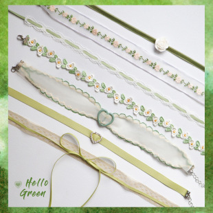 夏季 花卉颈带绿色爱心吊坠颈链Choker锁骨链蝴蝶结项链女颈链 新款