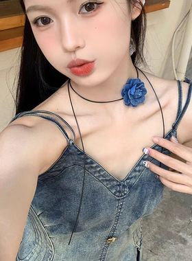 牛仔山茶花项链花朵绑带脖链颈链