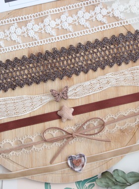 原创棕色choker项圈法式复古长款飘带锁骨链爱心蝴蝶结高级感项链