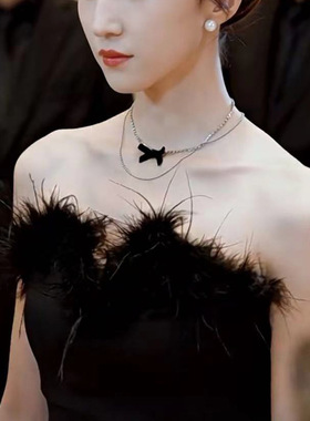 黑色丝绒蝴蝶结设计感双层项链日韩ins锁骨链女百搭闺蜜叠戴颈链