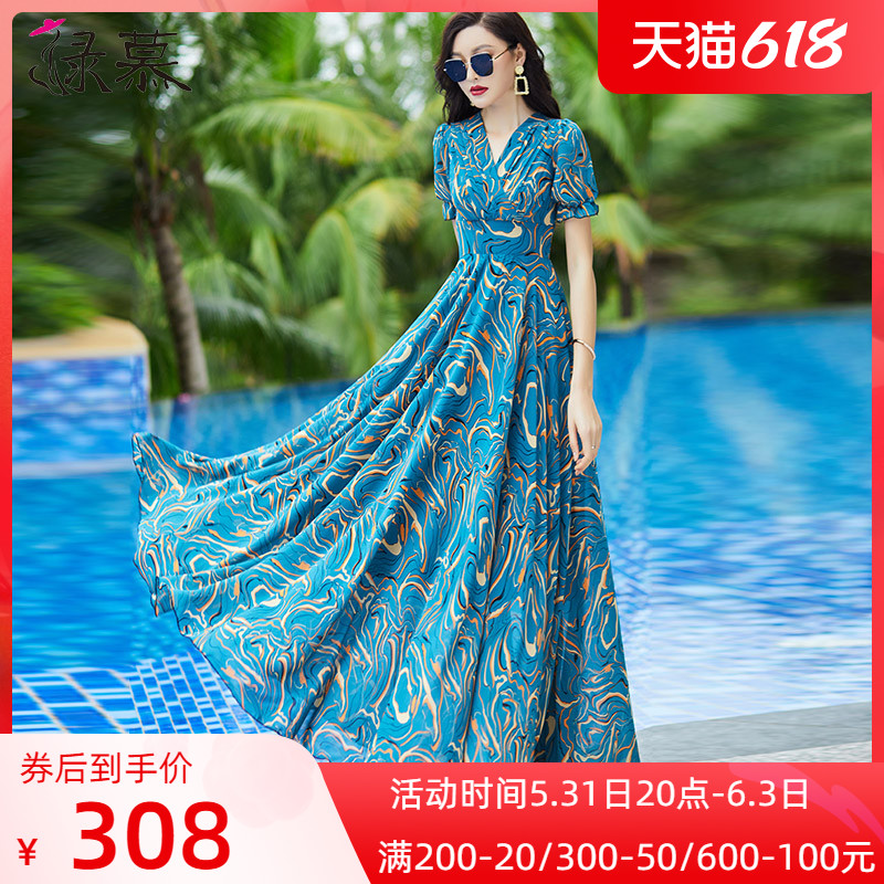 洋气蓝色印花连衣裙女夏长款2022新款收腰显瘦雪纺大摆长裙到脚踝