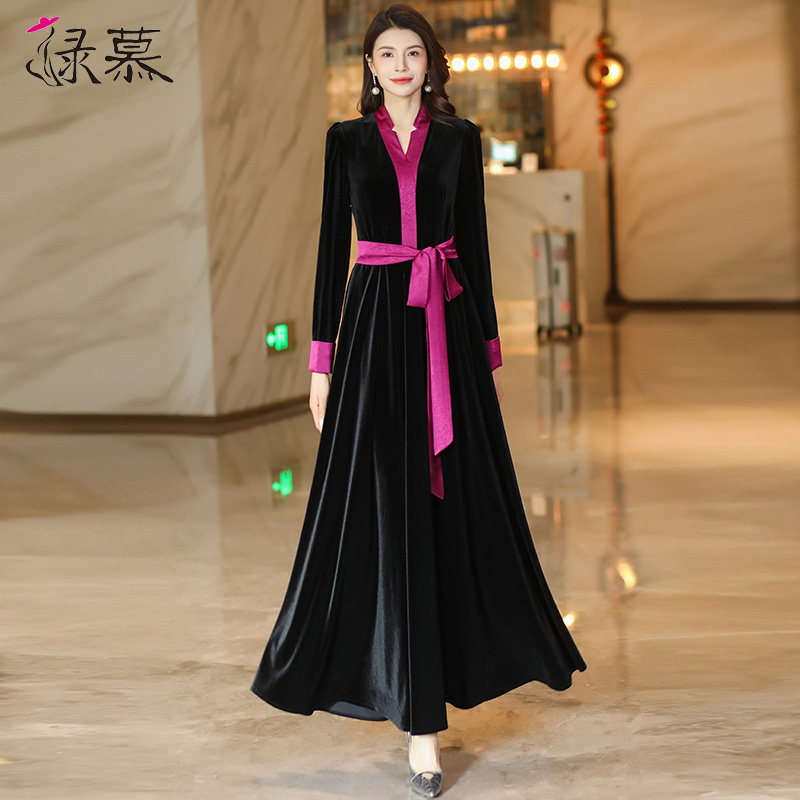 端庄大气丝绒连衣裙2025春秋装新款高级感轻奢气质显瘦女春秋长裙,女装/女士精品,连衣裙,淘宝优惠券,粉丝福利购,淘宝优惠卷