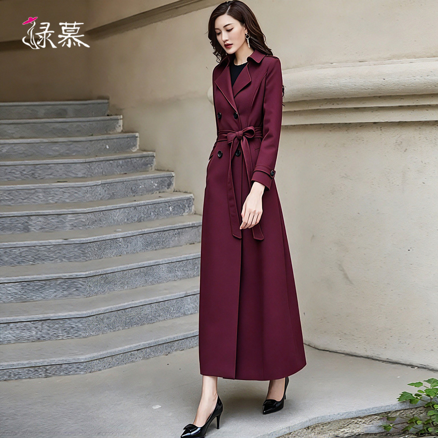2026春秋新款女士风衣双排扣时尚修身长款过膝酒红色外套简约休闲