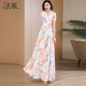 时尚印花连衣裙女长款2026夏新款修身显瘦到脚踝雪纺气质大摆长裙