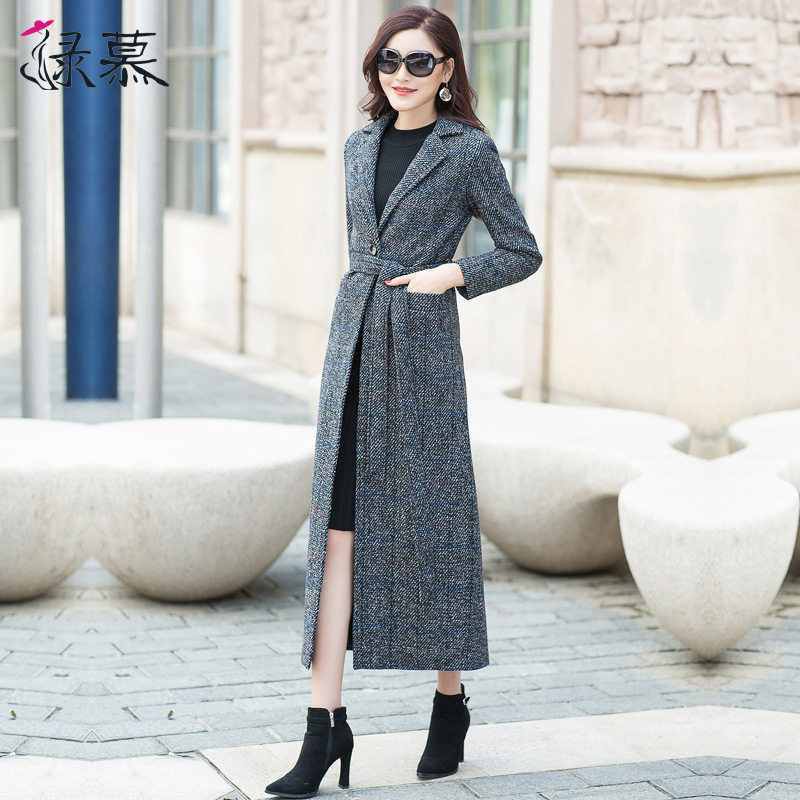 绿慕格子外套2019呢子流行大衣女长款冬季气质羊毛呢过膝修身外套