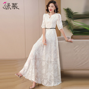 米白色高端提花连衣裙长款2026夏季新气质女收腰显瘦及踝大摆长裙