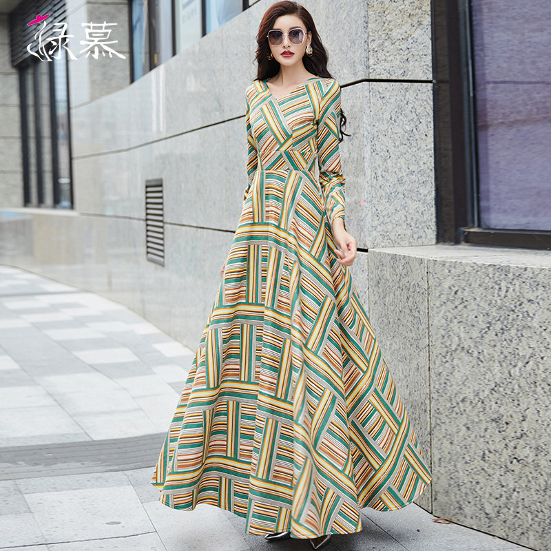 绿慕秋季裙子女连衣裙长袖2020新款时尚格纹气质女神范显瘦长裙