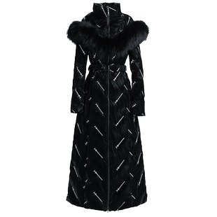 黑色亮面长款羽绒服女2025年新款收腰连帽定制大毛领白鸭绒到脚踝