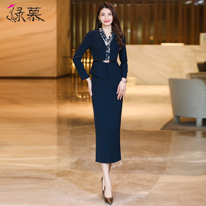 正式场合连衣裙长袖2026春秋新款气质高级感假两件一步裙长裙套装