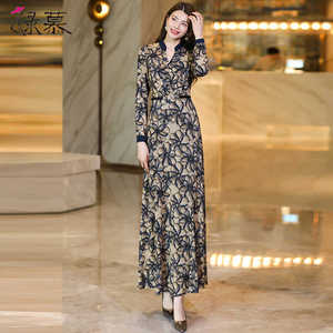 阔太太洋气高贵连衣裙女长袖2025春秋新款收腰显瘦超长裙到脚踝