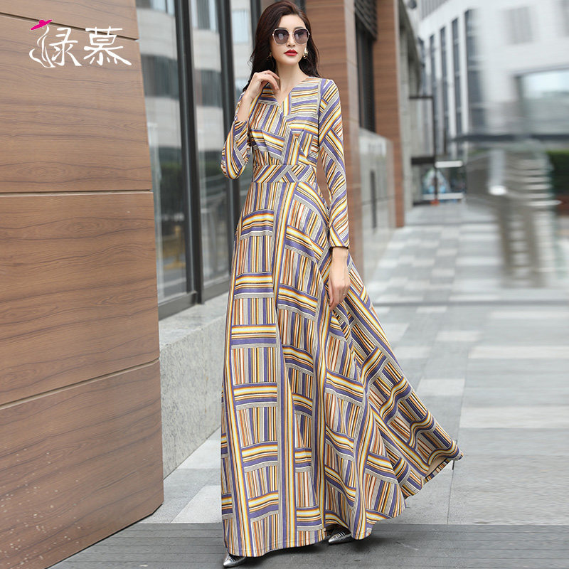 绿慕连衣裙长款2021秋季新款时尚千鸟格气质显瘦显高到脚踝长裙