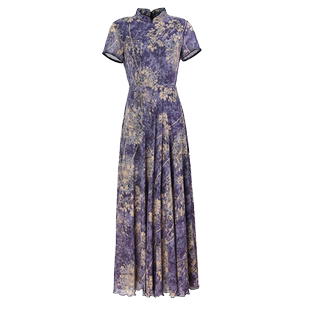 新中式连衣裙紫色气质显瘦2026夏新款高级感改良超长裙女到脚踝