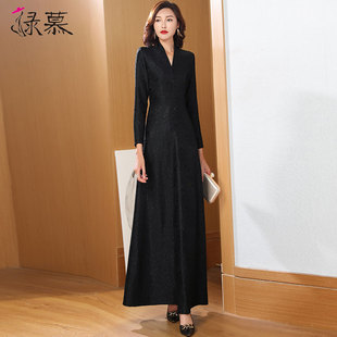 黑色蕾丝连衣裙加绒加厚2025春秋新款 气质收腰显瘦大摆长裙 长袖