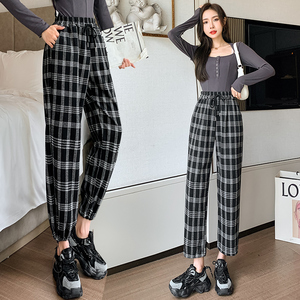 RM22034#宽松腰格子休闲卫裤女2023秋季新款韩版显瘦阔腿裤哈伦束脚裤