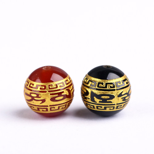 天然红黑玛瑙六字真言烫金散珠DIY佛珠手链手串隔珠莲花边圆珠子 - 封面
