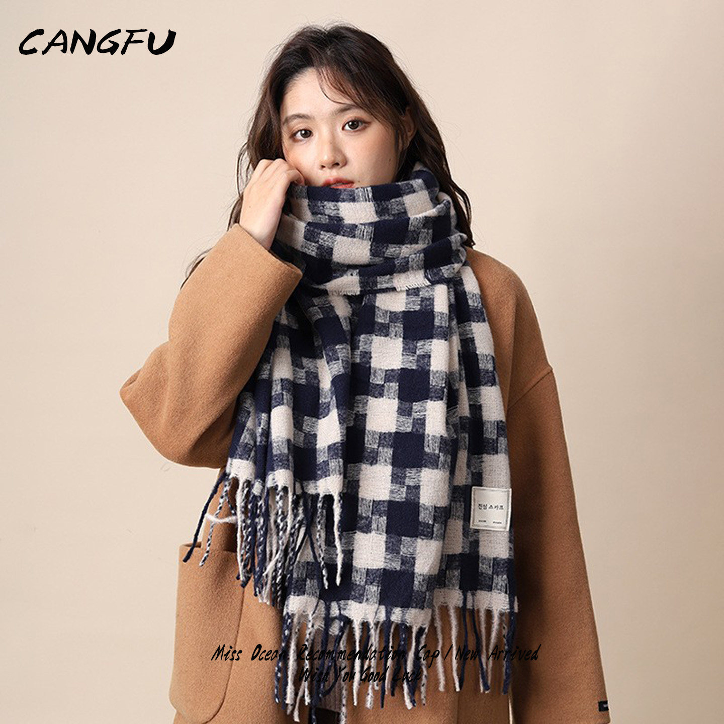 CANGFU格子围巾女秋冬季日系复古