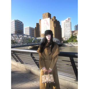 巴卜Studio 驼色中长款羊毛大衣女秋冬新款韩版宽松厚实保暖外套