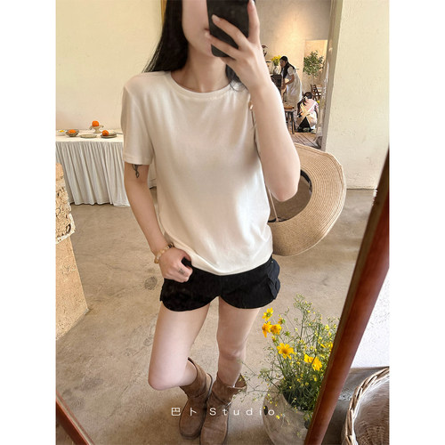 巴卜Studio 韩版宽松白色圆领T恤女夏季新款百搭简约短袖上衣