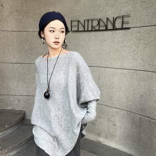 巴卜Studio灰色不规则设计感圆领毛衣女秋季通勤慵懒圆领套头上衣