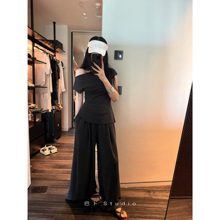 巴卜Studio炭灰色铜氨丝套装女夏季新款斜肩上衣直筒阔腿裤两件套