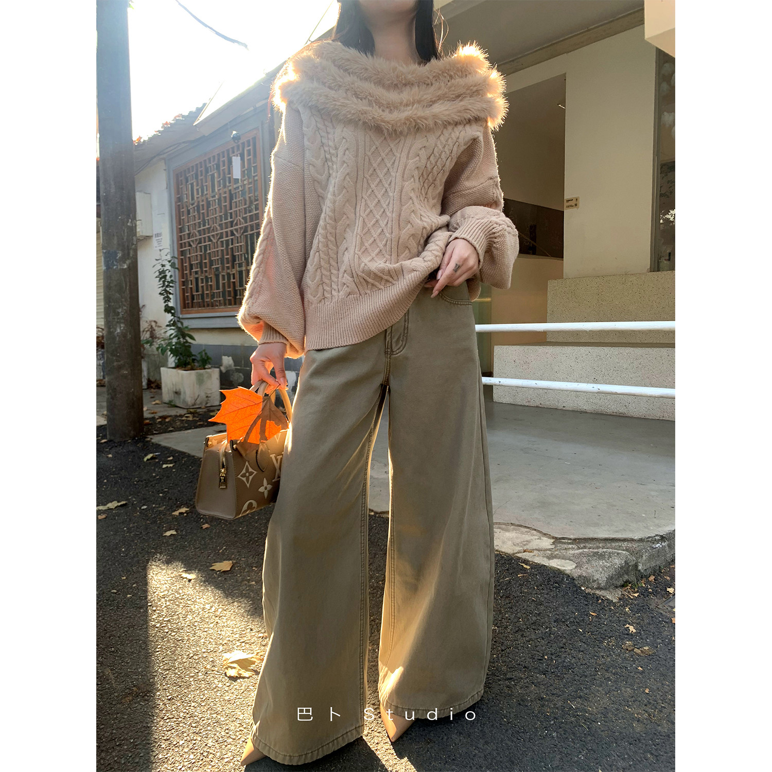 巴卜Studio 卡其色加绒牛仔裤女冬季韩版高腰宽松保暖直筒长裤