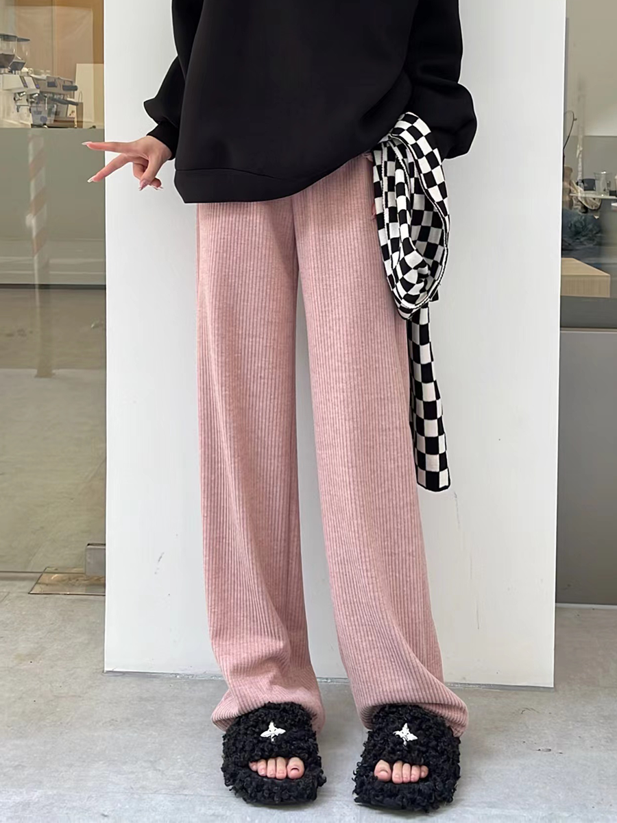 巴卜Studio粉色灯芯绒长裤直筒阔腿裤针织坑条垂感高腰拖地裤,女装/女士精品,休闲裤,淘宝优惠券,粉丝福利购,淘宝优惠卷